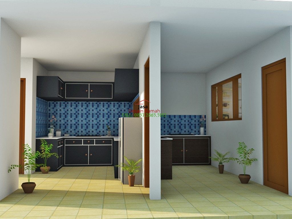 Contoh Desain Interior Dapur Dengan Kitchen Set Warna Hitam Dan Tembok Partisi