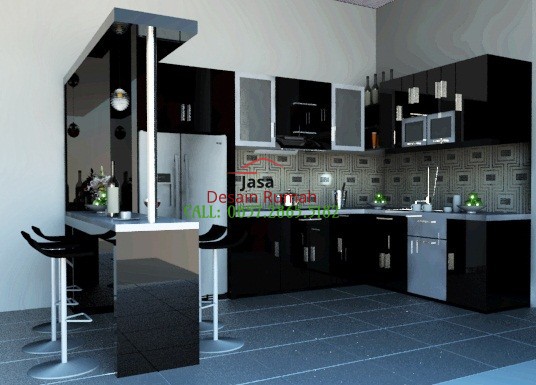 Contoh Desain Interior Kitchen Set Warna Hitam Putih Dengan Minibar